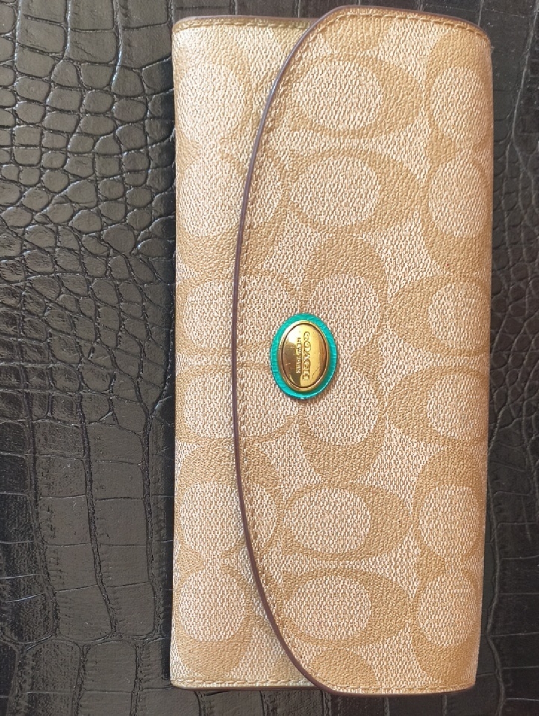 Coach Khaki Signature Canvas Continental Wallet With Green Accent